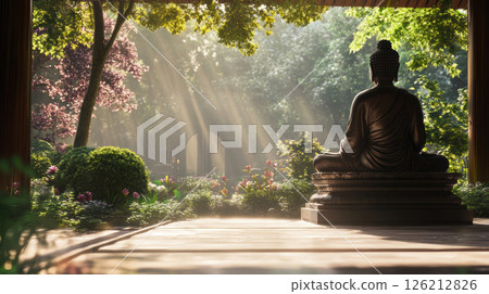 garden scene buddha statue foreground hands 126212826