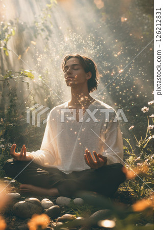 man shirt forest waterfall background scene 126212831