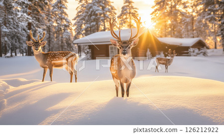 deer forest sunset scene snow deers 126212922