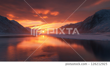 sunset body water mountains background sky 126212925
