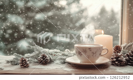 winter scene candle coffee cup windowsill 126212952