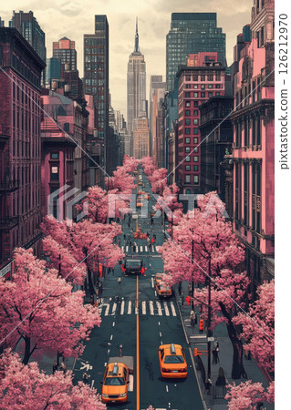 aerial view city street cherry blossom aerial view city street cherry blossom 126212970