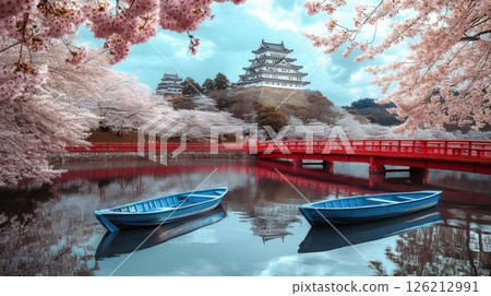 portrayal seascape cherry blossom trees background 126212991