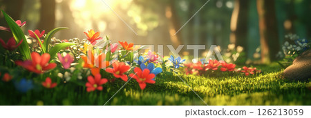 scene forest flowers variety tulips daisies 126213059