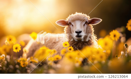 sheep field flowers sunset environment closeup 126213064