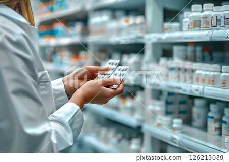 Pharmacist examines blister pack of pills in pharmacy. Shelves are stacked with various medicines. Close-up 126213089