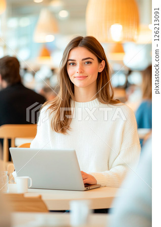 Smiling woman sits at cafe table using laptop, embodying relaxed yet focused work environment Smiling woman sits at cafe table using laptop, embodying relaxed yet focused work environment 126213091