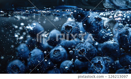 blueberries water bubbles closeup shot submerged 126213097