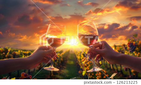 portrayal sunset vineyard hand glass wine 126213225