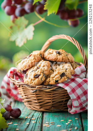 wicker basket cookies table raisins chocolate 126213248