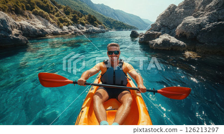 aerial view man turquoise waters hills 126213297