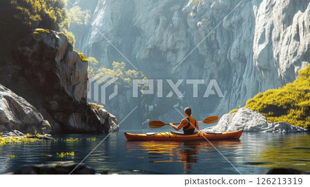 portrayal person kayak calm body water 126213319