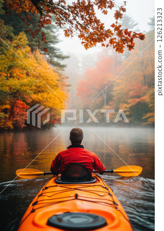 person river trees jacket hat calm 126213323