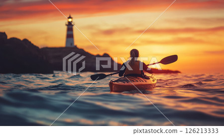 woman sunset body water lighthouse background woman sunset body water lighthouse background 126213333