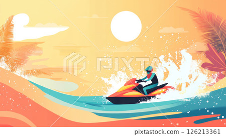 illustration scene sunset person jet ski 126213361