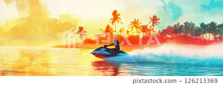 depiction sunset body water jet ski 126213369
