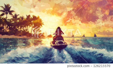 portrayal scene sunset person jet ski 126213370