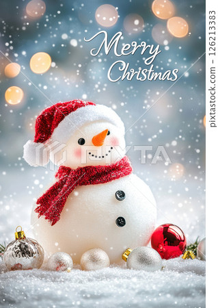 card snowman hat landscape lights background 126213383