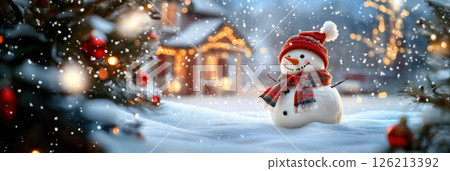 winter scene snowman hat landscape distance 126213392