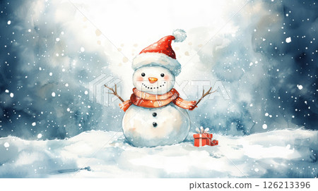 watercolor snowman landscape hat gift boxes 126213396