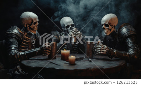 portrayal reaperlike figure armor skull motif 126213523