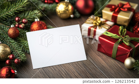 card gold ornaments table christmas greeting 126213542