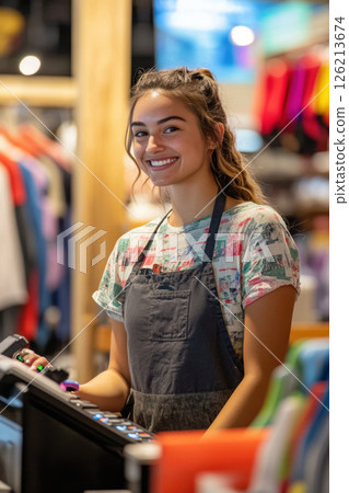 woman cash store shirt apron smiling woman cash store shirt apron smiling 126213674
