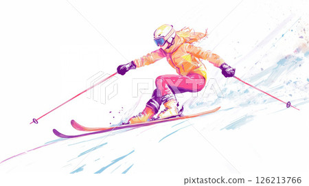 illustration female skier action snowy slope 126213766