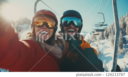 man woman selfie ski sun taking 126213787