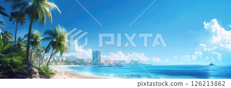 Business-themed summer sale banner featuring calm beach waves and distant modern buildings in the background 126213862