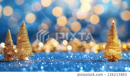 Blue bokeh Christmas backdrop with golden trees and lights, ideal for New Year or Christmas business presentations 126213863