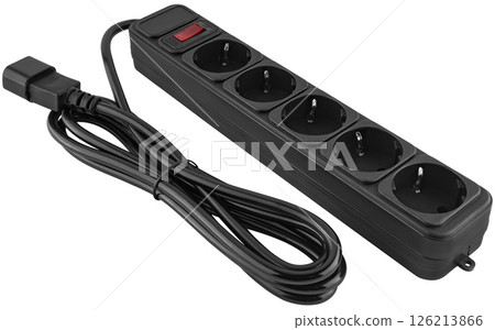 Black surge protector with long wire on white background. 126213866