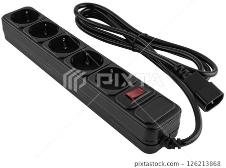 Modern black surge protector with five outlets and switch. on a white background Modern black surge protector with five outlets and switch. on a white background 126213868
