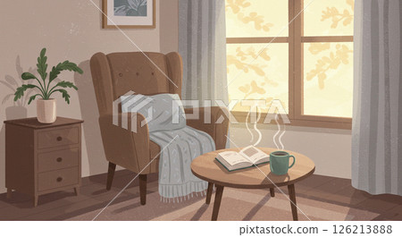 Enjoy reading indoors on a rainy day, quiet illustration background 126213888