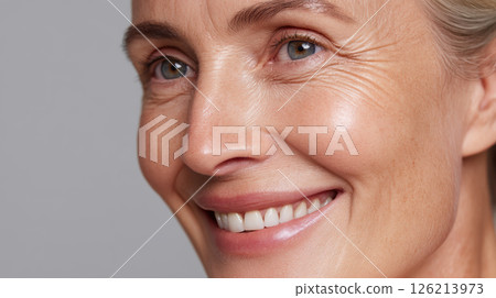 Closeup of smiling mature woman with radiant skin showing natural wrinkles and healthy complexion in soft lighting 126213973