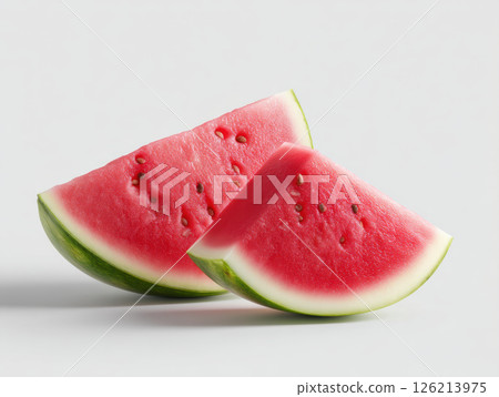 Two juicy watermelon slices with seeds on white background, showcasing fresh red fruit and green rind in tempting close up view 126213975