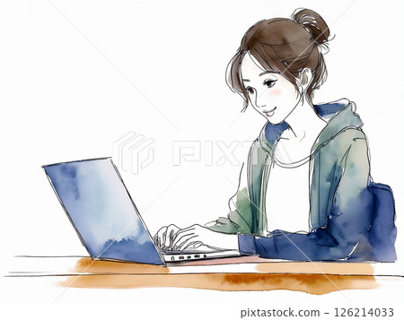 Watercolor painting of a woman working on a laptop Watercolor painting of a woman working on a laptop 126214033