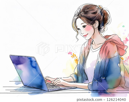 一位女士在筆記型電腦上工作的水彩畫 126214040