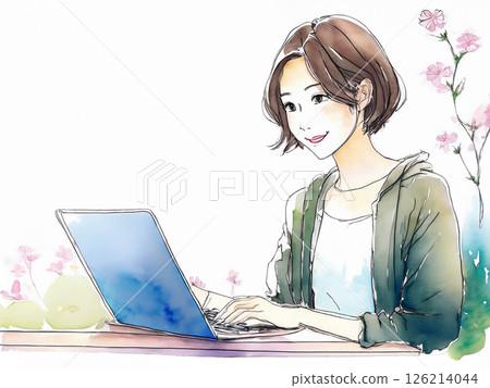 一位女士在筆記型電腦上工作的水彩畫 126214044