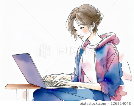 Watercolor painting of a woman working on a laptop 126214048