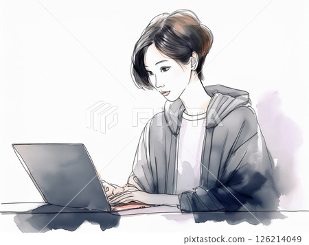 Watercolor painting of a woman working on a laptop 126214049