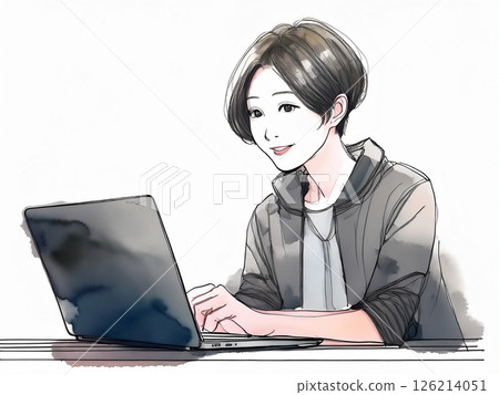 一位女士在筆記型電腦上工作的水彩畫 126214051