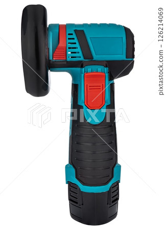 Compact mini-bulldozer with a battery, presented on a white background. 126214069