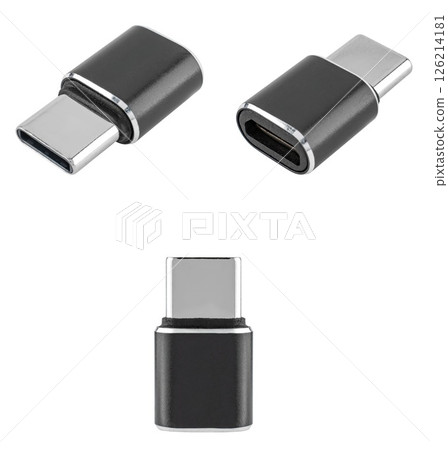 Connector adapter from micro USB to Type-C, on white background in insulation 126214181