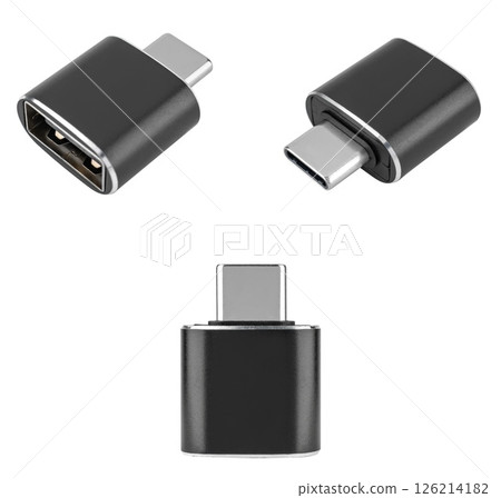 Connector adapter from USB to Type-C, on white background in insulation 126214182