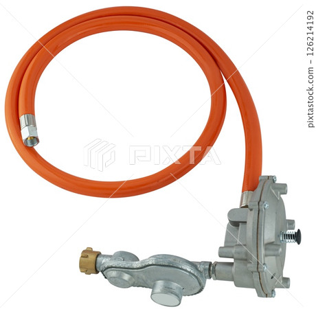 Hose with gas regulator, insulated on white background 126214192