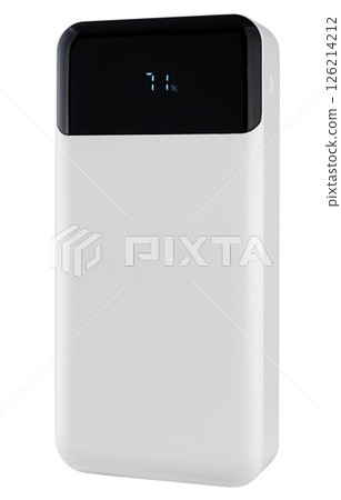 Stylish external battery in white color on a white background. Stylish external battery in white color on a white background. 126214212