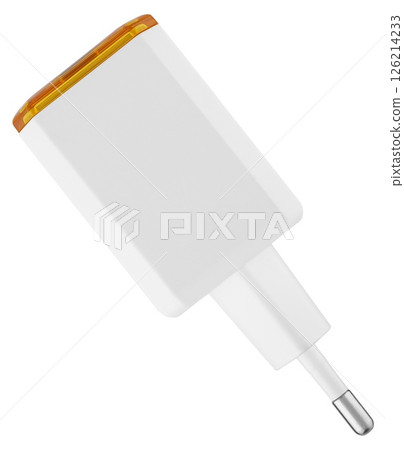 Compact charger for phones and gadgets, on a white background in insulation Compact charger for phones and gadgets, on a white background in insulation 126214233