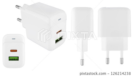 Minimalistic adapter for charging phones and accessories, on white background Minimalistic adapter for charging phones and accessories, on white background 126214238