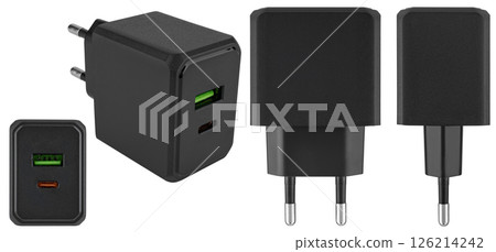 Compact adapter for charging mobile devices, on a white background 126214242